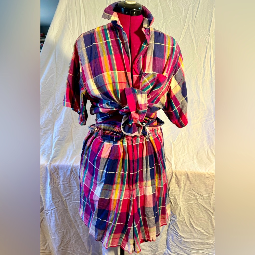 Vintage 80’s 90’s Venezia Madras Plaid Shorts & Shirt Set
